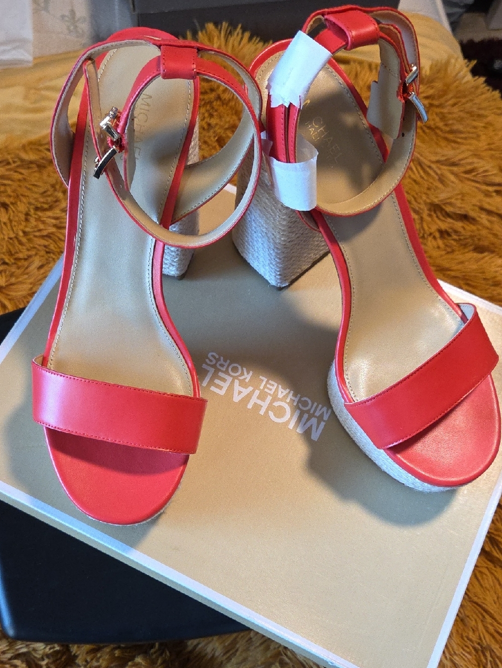 Michael Kors Coral-Red Ankle-Strap Espadrille Wedges